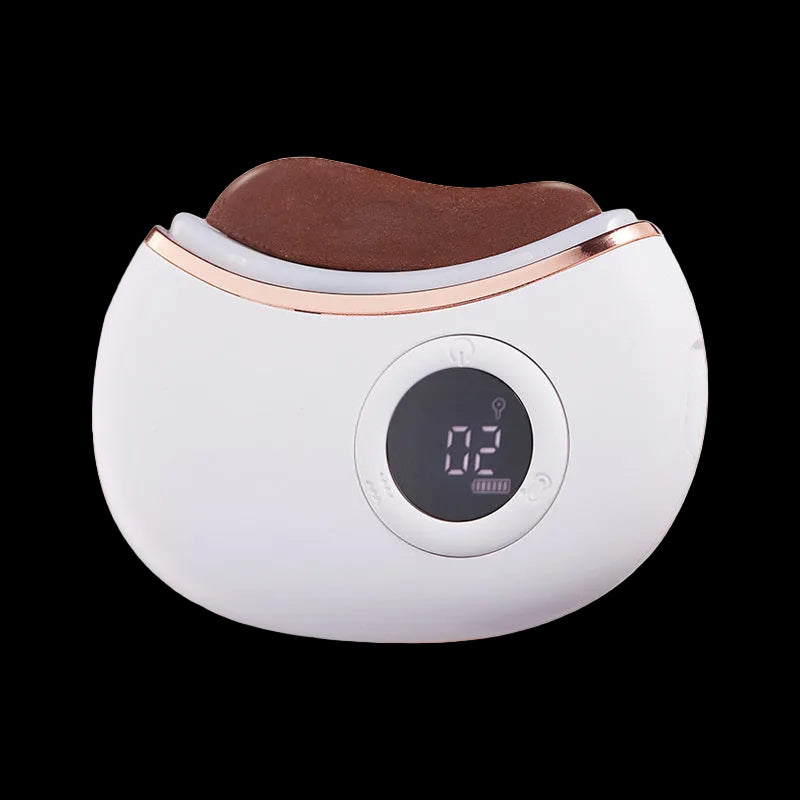 White electronic device with brown top and digital display on a white background