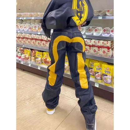 Quần jeans ống thẳng phong cách đôi xu hướng Hip-Hop retro Y2K Xuân 2024, chất liệu cotton, dễ phối đồ 