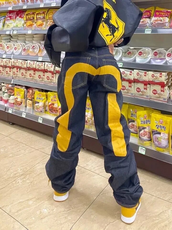 Quần jeans ống thẳng phong cách đôi xu hướng Hip-Hop retro Y2K Xuân 2024, chất liệu cotton, dễ phối đồ 