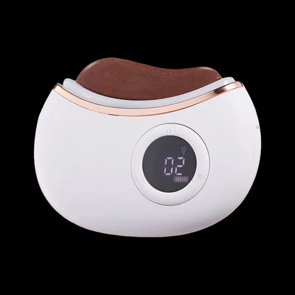 White electronic device with brown top and digital display on a white background