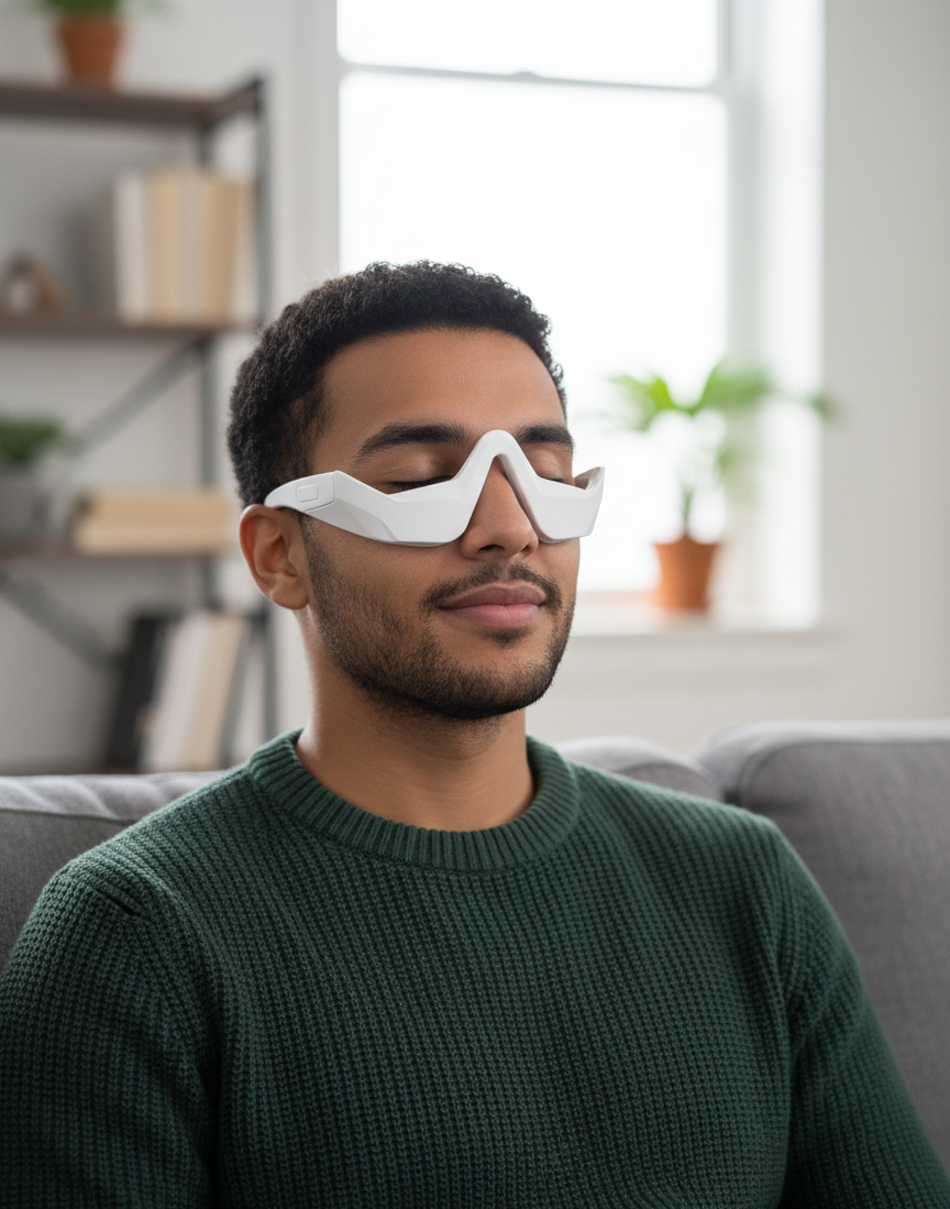 Man wearing a green sweater sitting on a couch with a white eye mask over his eyes in a room with plants and shelves.