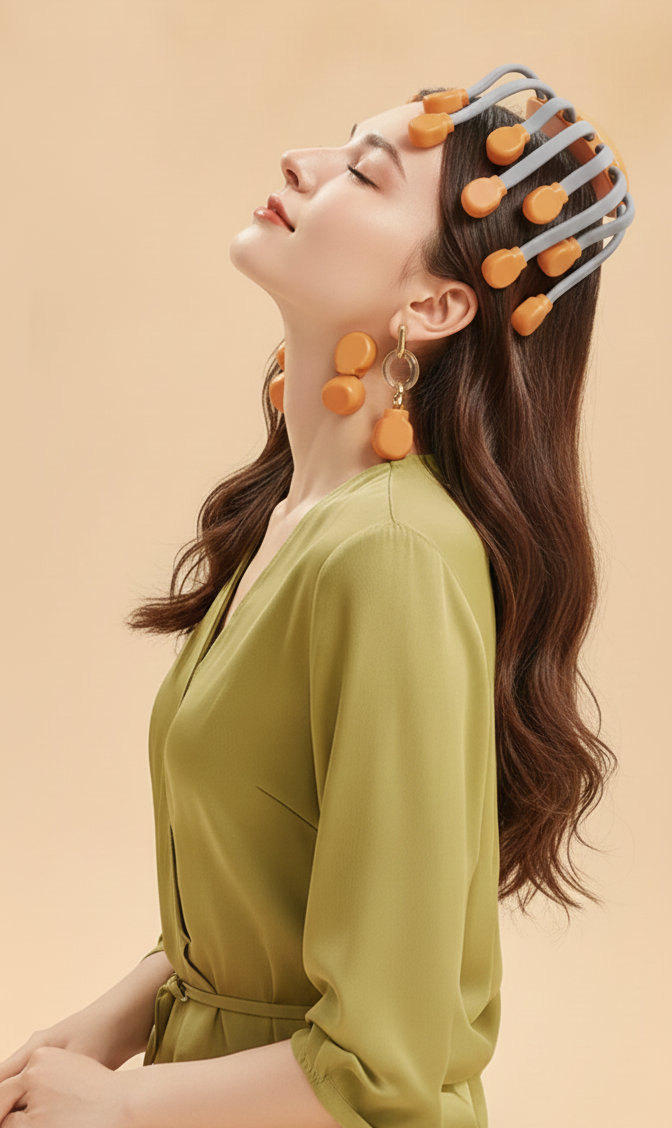 Woman with hair rollers and green dress against a beige background