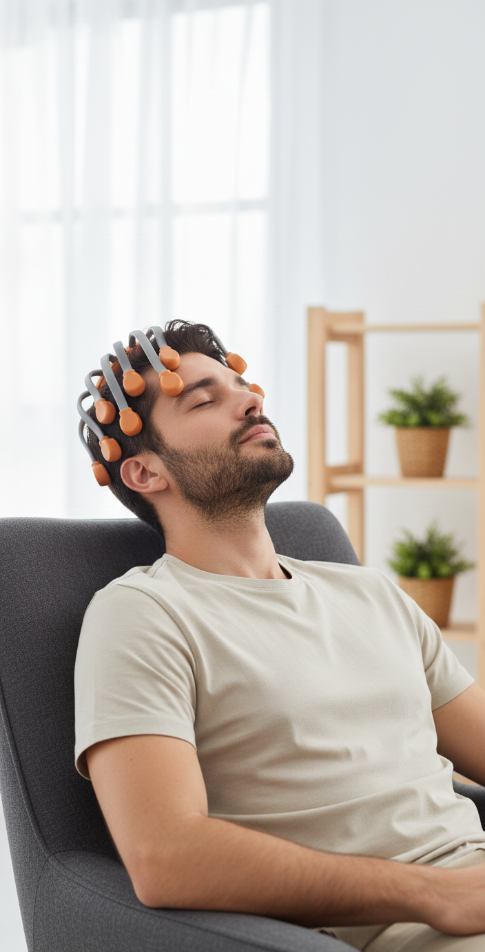 Man wearing an orange and black headband, possibly for a brain-computer interface, in a home setting.