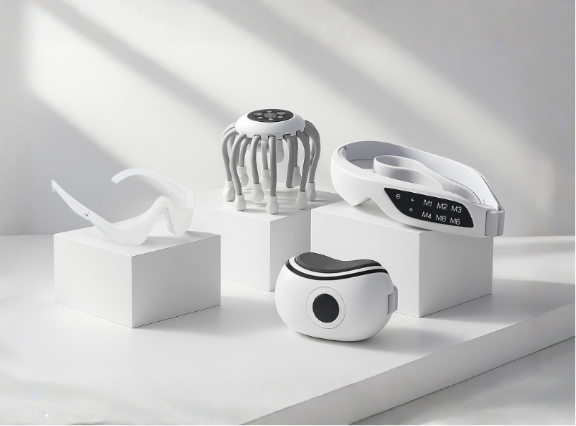 White electronic devices on a light gray surface with soft shadows