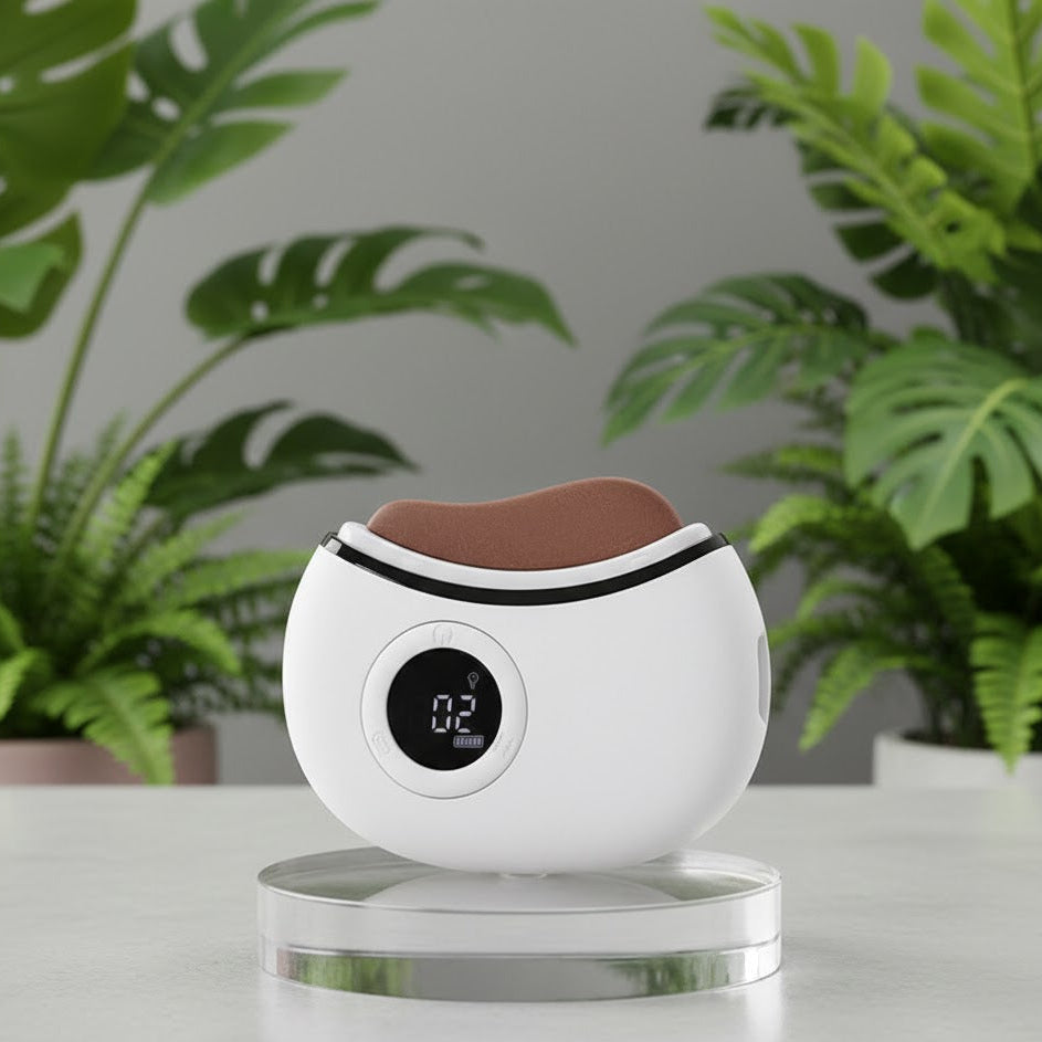 White and brown electronic device on a stand with plants in the background
